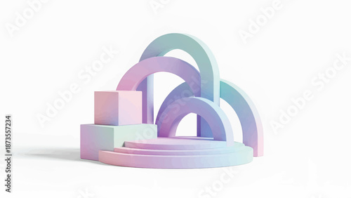 Pastel geometric scene with interlocking arches, tiered circular podiums and stacked cubes luminous