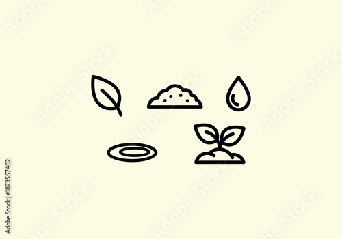 Vector Icon Concept Icons representing plant growth - leaf, soil, water, seed, sprout.