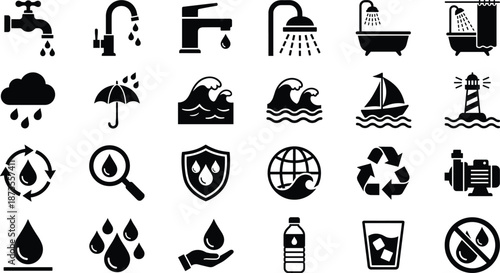 Water conservation icons set, plumbing faucet shower rain recycle wave bottle drop protection ecology environment hygiene sanitation sustainability symbol collection illustration