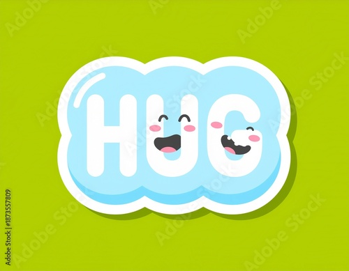A cute cartoon illustration of the word HUG with happy faces inside the letters.