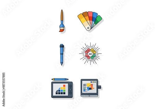 Vector Icon Concept Graphic Design Tools - Paintbrush, Color Swatches, Pen, Tablet, and Creative Burst.