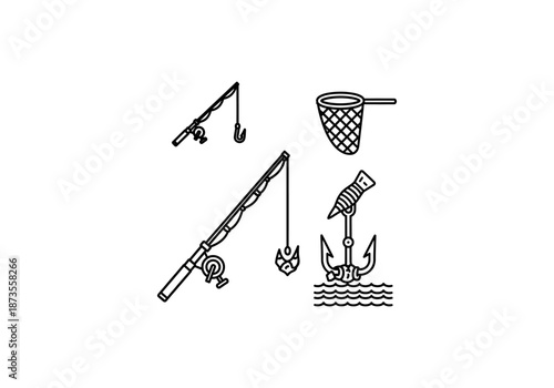 Vector Icon Concept Graphic line art set of fishing tools - a fishing rod with a fish, a landing net, and a fish on an anchor.