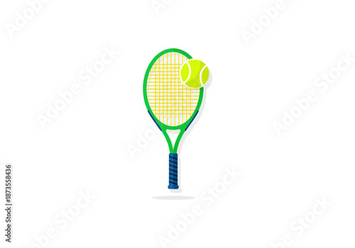 Vector Icon Concept Green Tennis Racket with Yellow Strings and a Tennis Ball on Top.