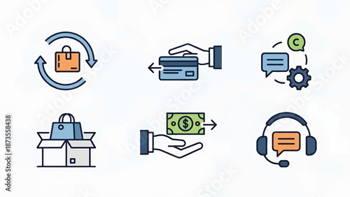 Six e-commerce icons showing returns, card payment, chat support, packaging, cash flow, atm headsets
