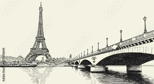 Black and white illustration of the Eiffel Tower and Bir-Hakeim Bridge in Paris.