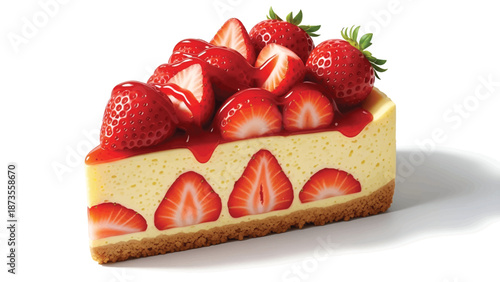 Slice of creamy cheesecake topped with halved strawberries and glossy red sauce on crumb crust sheen