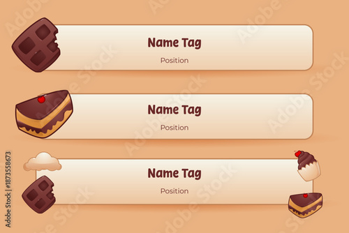 Dessert-Themed Name Tag Templates with Chocolate Cake, Cupcake, and Waffle Illustrations on Warm Background