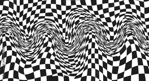 Black and white checkered pattern with wavy optical illusion effect.