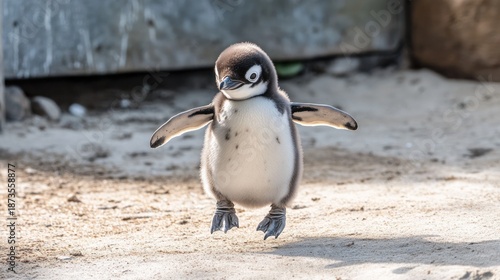 Cute baby penguin taking first steps