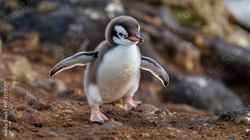 Young penguin chick on rocky outcrop