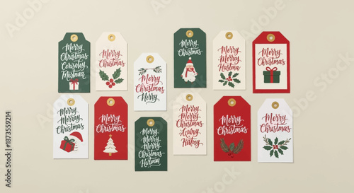 Collection of Christmas gift tags with festive designs and holiday greetings.