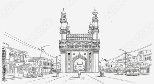 Charminar monument in Hyderabad cityscape with traditional architecture.