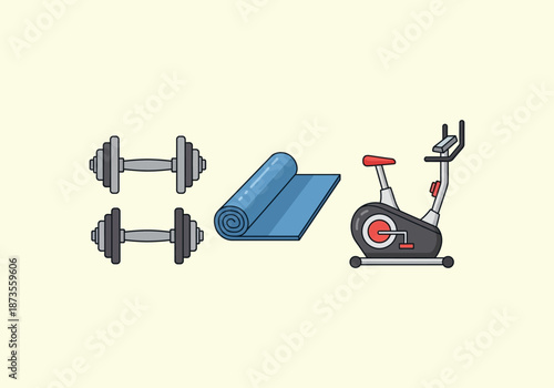 Vector Icon Concept Gym Equipment Set - Dumbbells, Yoga Mat, and Exercise Bike.