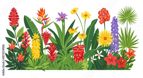 Vibrant colorful flowers and lush green leaves in a garden.