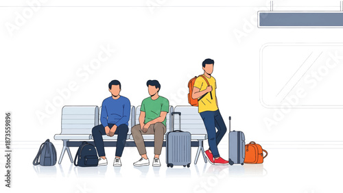 Three travelers wait on airport benches with backpacks, rolling suitcases and casual attire sneakers