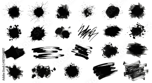 Collection of black ink splatters and brush strokes on white background.