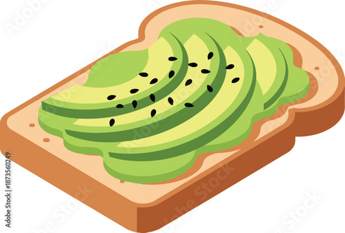 Flat art vector illustration of sliced avocado on toasted bread, a simple yet delicious food scene viewed from above