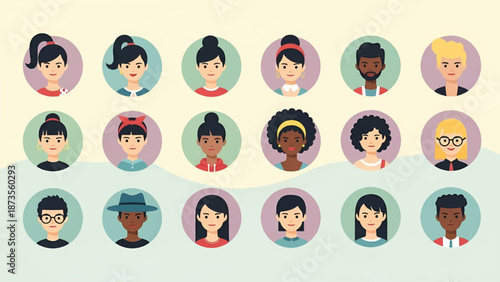 Twenty diverse illustrated avatars in circular frames, arranged in rows on a soft pastel background