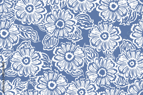 Seamless floral patterns in a botanical style, hand-painted using the Ikat technique, suitable for all types of textiles.	