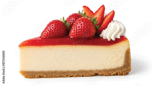 Velvet cheesecake slice with graham crust, glossy strawberry topping, ripe berries and whipped cream