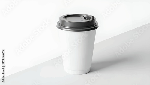 White disposable coffee cup with black plastic lid on a minimal light surface casting soft shadowed