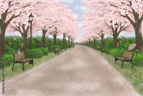 桜の散歩道背景イラスト