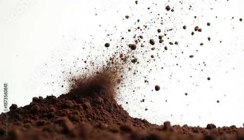 Brown soil particles explode upwards against a white background. Small clumps and dust fly in air. Ground texture visible on bottom. Dynamic movement captured.