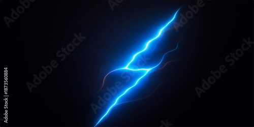 A powerful blue electric bolt of lightning flashes across the dark night sky during a dangerous nature storm, illuminating clouds with a bright strike of pure atmospheric energy