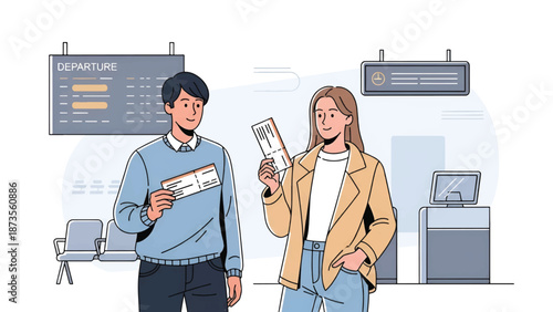 Young travelers with boarding passes stand in an airport terminal near departure board and seating