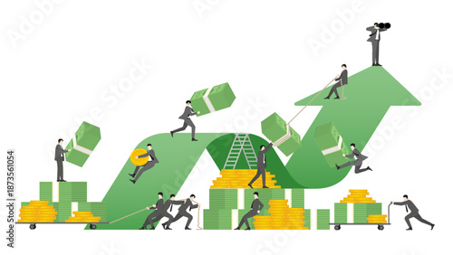 Business Team Success and Financial Growth with Corporate People Working on Green Upward Arrow, Flat Vector Illustration