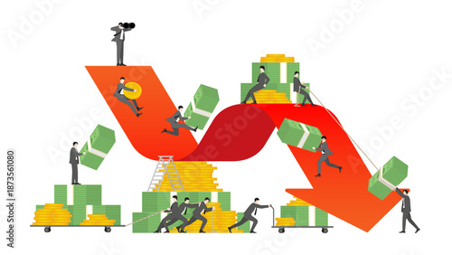 Business Team Managing Financial Crisis and Loss Prevention on Red Downward Arrow Vector Illustration