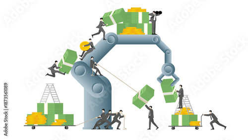 Business Team and Robotic Arm Working for Financial Automation and Industrial Wealth Management, Flat Vector Illustration
