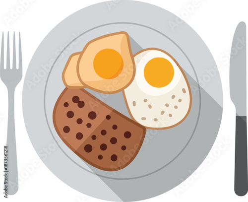 Flat vector art illustration of a breakfast sandwich with egg and chocolate pastry on a plate