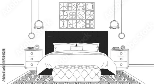 Modern bedroom interior design line art illustration featuring double bed tufted headboard nightstands and geometric rug for coloring book