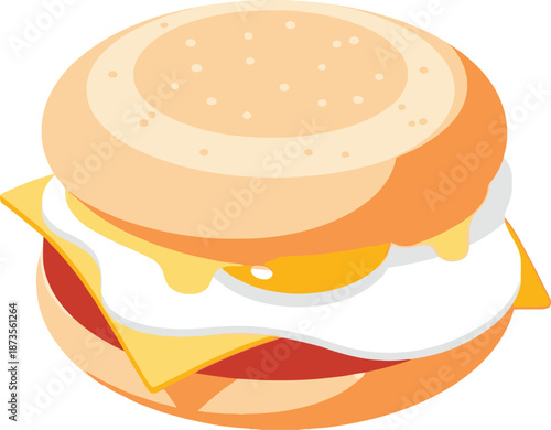 Flat vector art illustration of a breakfast sandwich with egg and cheese on a bun, a popular food item