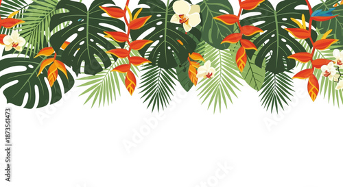 Tropical leaves and flowers border illustration.