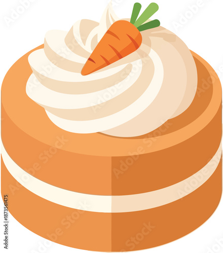 Flat vector art illustration of a delicious food cake with cream and carrot topping