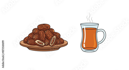 Ramadan and Eid Icon Set Crescent Moon, Mosque, Dates, Prayer Mat, Quran, Prayer Beads, and Drum