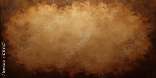 Aged vintage brown parchment paper with a stained grunge texture and ancient antique pattern creates a blank retro backdrop for a dirty old wall surface design
