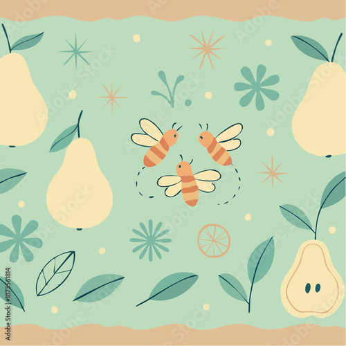 buzz and bloom: three cheerful bees flit among pears and petals in a soft green orchard swirl