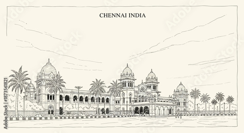 Sketch of a majestic building complex in Chennai India with domes and arches.