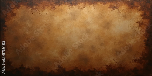 A worn vintage brown parchment paper texture with an ancient grungy pattern and stained edges creates a blank antique wall backdrop for retro art design