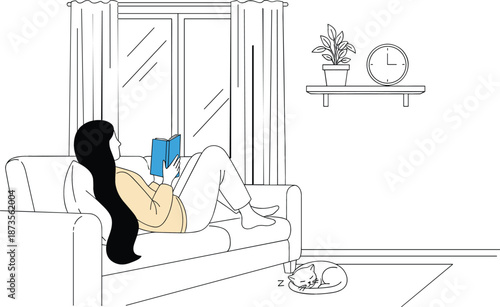 Young woman relaxing on sofa reading book in cozy living room with sleeping cat and window view minimalist vector illustration