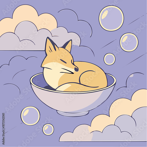 dream bowl: a fox sleeps soundly in pastel clouds and floating bubbles of nighttime whimsy