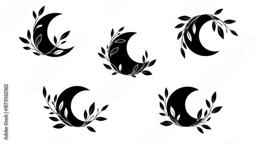 Moon Illustrations with Leaves in Minimalist Design