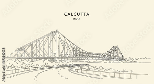 Detailed line drawing of the iconic Howrah Bridge in Calcutta, India, showcasing its distinctive steel structure.