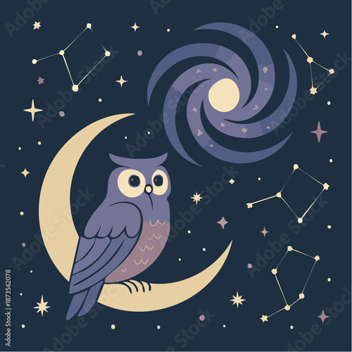 moon perch: a purple owl gazes from a crescent cradle in a galaxy of stars and wonder