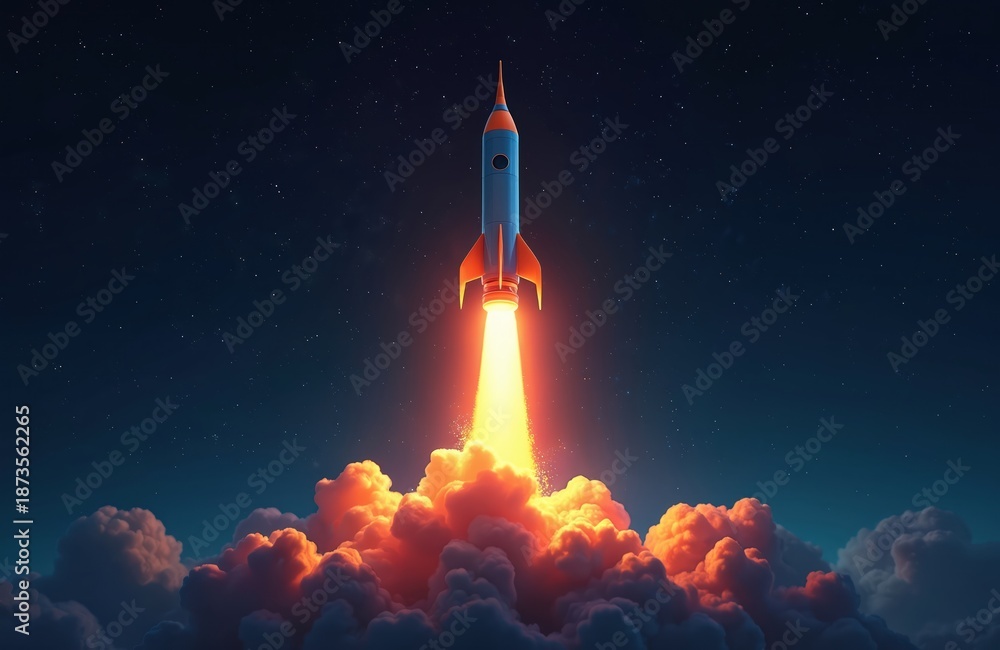 Fototapeta premium Retro style rocket blasts off through clouds into starry night sky. Bright orange fire fuels its ascent towards space. Bold journey into the unknown future begins.