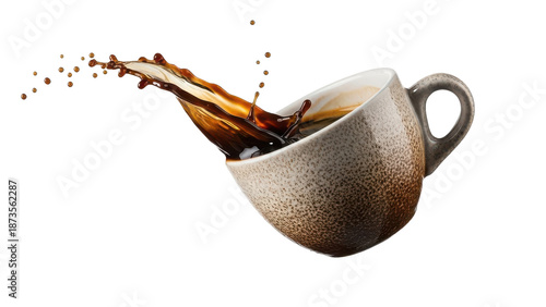Cup of coffee with a splash of brown liquid on the side. isolated illustration on transparent background