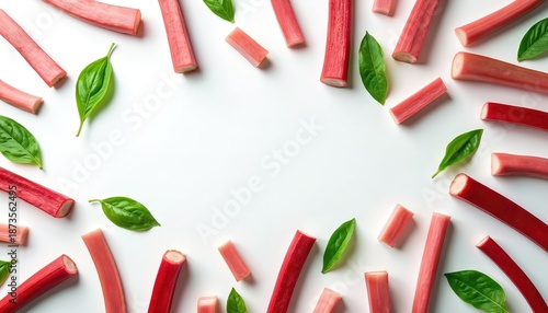 Fresh red rhubarb stalks, green basil leaves scattered on white surface. Vibrant arrangement suggests healthy eating, culinary preparation. Simplicity offers versatile use for food-related content.